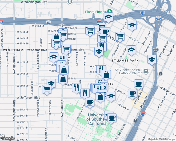 map of restaurants, bars, coffee shops, grocery stores, and more near 1211 West 28th Street in Los Angeles