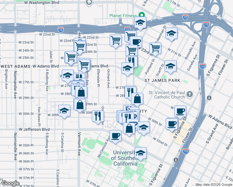 map of restaurants, bars, coffee shops, grocery stores, and more near 1210 West 28th Street in Los Angeles