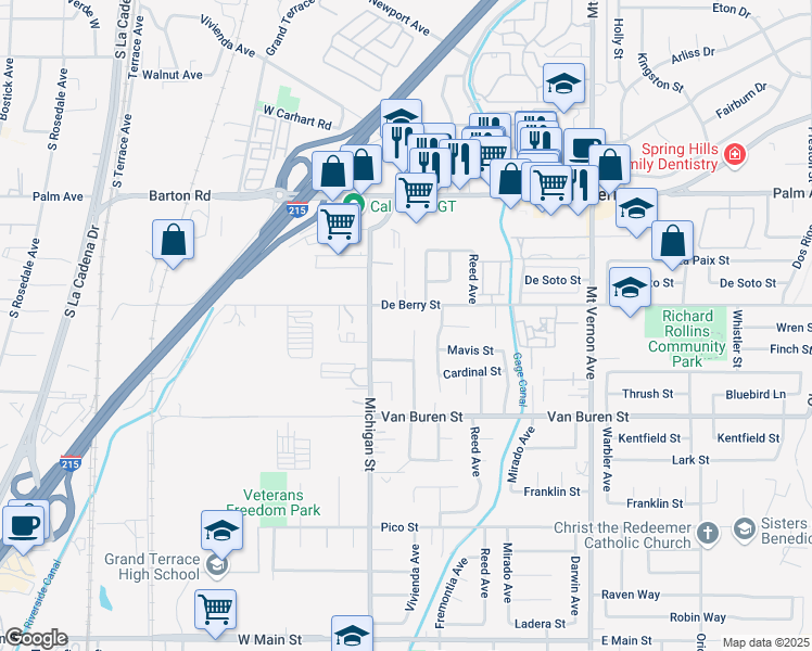 map of restaurants, bars, coffee shops, grocery stores, and more near 12338 Vivienda Avenue in Grand Terrace