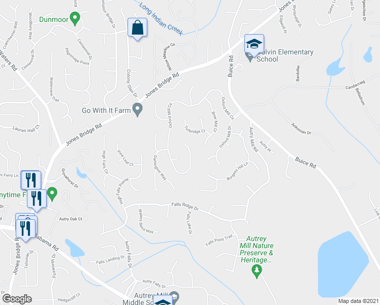 map of restaurants, bars, coffee shops, grocery stores, and more near 10201-10363 Oxford Mill Cir in Johns Creek