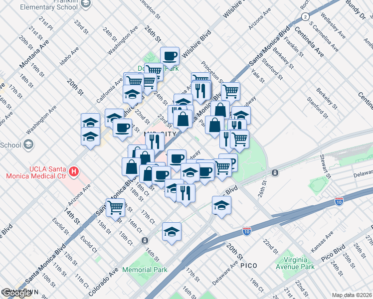 map of restaurants, bars, coffee shops, grocery stores, and more near 1445 21st Street in Santa Monica