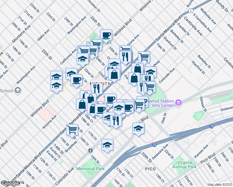 map of restaurants, bars, coffee shops, grocery stores, and more near 1440 23rd Street in Santa Monica