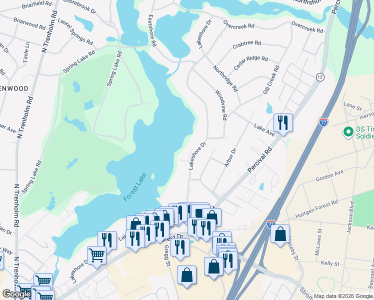 map of restaurants, bars, coffee shops, grocery stores, and more near 5745 Lakeshore Drive in Columbia