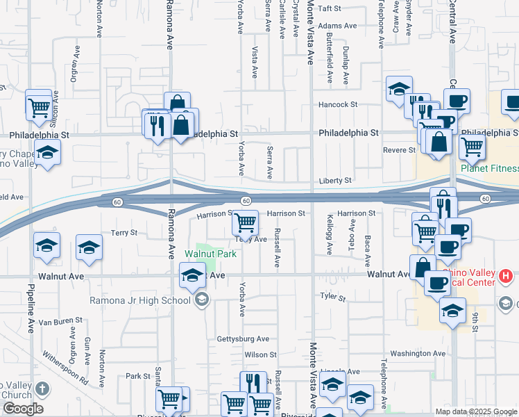 map of restaurants, bars, coffee shops, grocery stores, and more near 12358 Baker Avenue in Chino