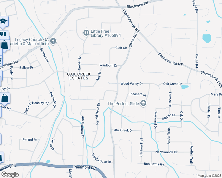 map of restaurants, bars, coffee shops, grocery stores, and more near 1495 Oak Springs Drive in Marietta