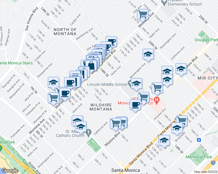 map of restaurants, bars, coffee shops, grocery stores, and more near 927 Euclid Street in Santa Monica