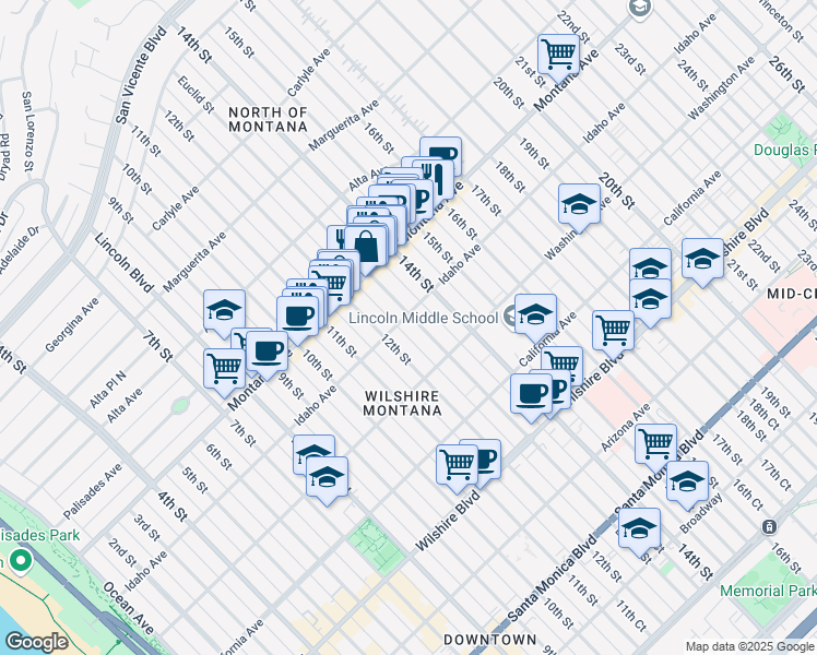 map of restaurants, bars, coffee shops, grocery stores, and more near 930 12th Court in Santa Monica