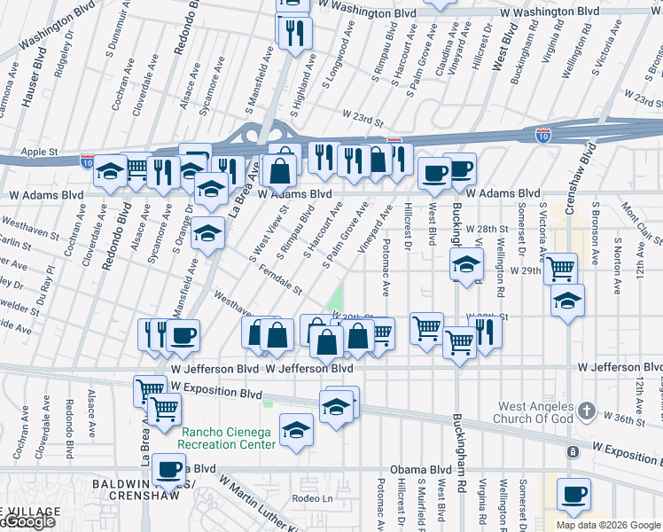 map of restaurants, bars, coffee shops, grocery stores, and more near 2832 South Palm Grove Avenue in Los Angeles