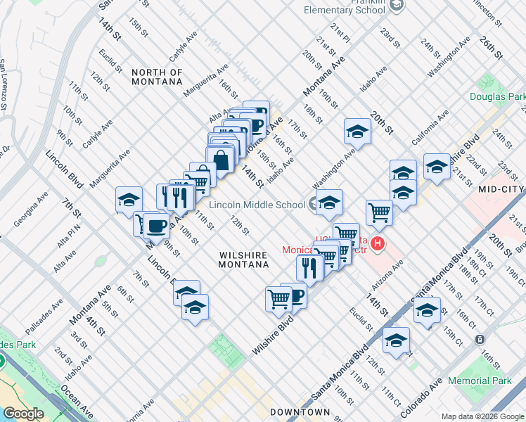map of restaurants, bars, coffee shops, grocery stores, and more near 930 12th Court in Santa Monica
