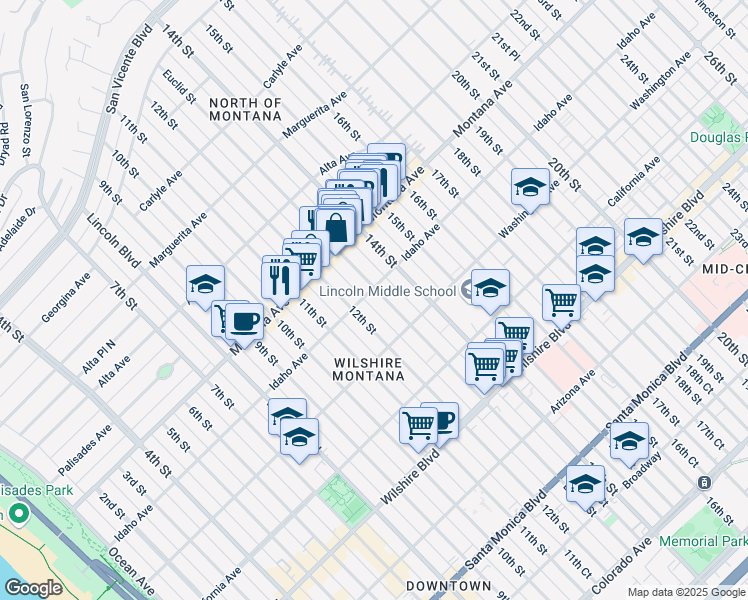 map of restaurants, bars, coffee shops, grocery stores, and more near 930 12th Court in Santa Monica