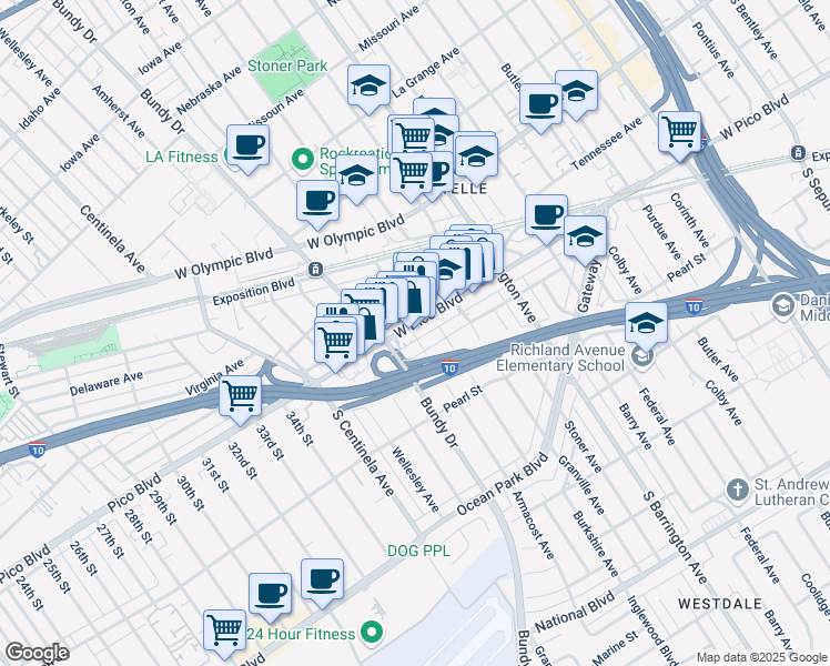 map of restaurants, bars, coffee shops, grocery stores, and more near 12017 West Ayres Avenue in Los Angeles
