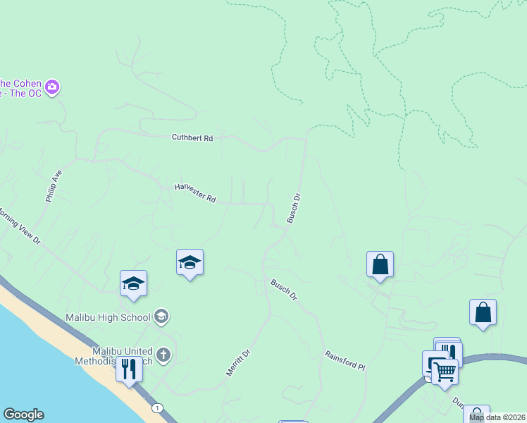 map of restaurants, bars, coffee shops, grocery stores, and more near 29600 Harvester Road in Malibu