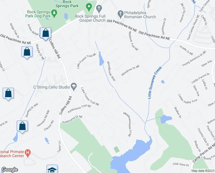 map of restaurants, bars, coffee shops, grocery stores, and more near 2510 Woodbrook Court in Lawrenceville