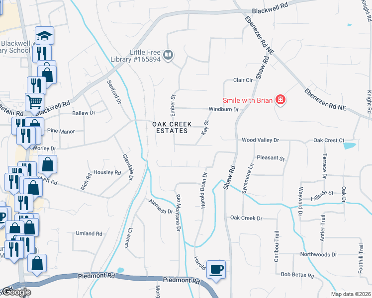 map of restaurants, bars, coffee shops, grocery stores, and more near 1252 Sherlock Drive in Marietta