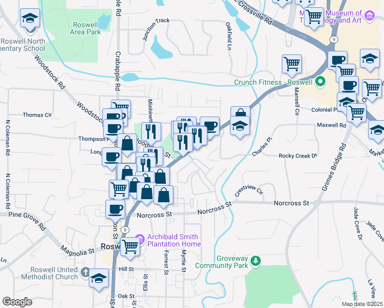 map of restaurants, bars, coffee shops, grocery stores, and more near 110 Independence Way in Roswell