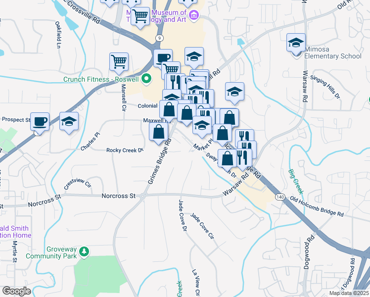 map of restaurants, bars, coffee shops, grocery stores, and more near 600 Grimes Place in Roswell