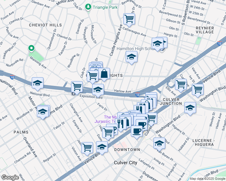 map of restaurants, bars, coffee shops, grocery stores, and more near Cardiff Avenue in Los Angeles