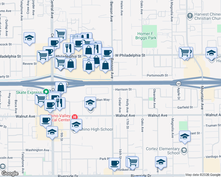 map of restaurants, bars, coffee shops, grocery stores, and more near 12319 Twin Gables Drive in Chino