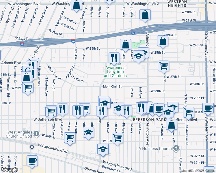 map of restaurants, bars, coffee shops, grocery stores, and more near 6th Avenue in Los Angeles