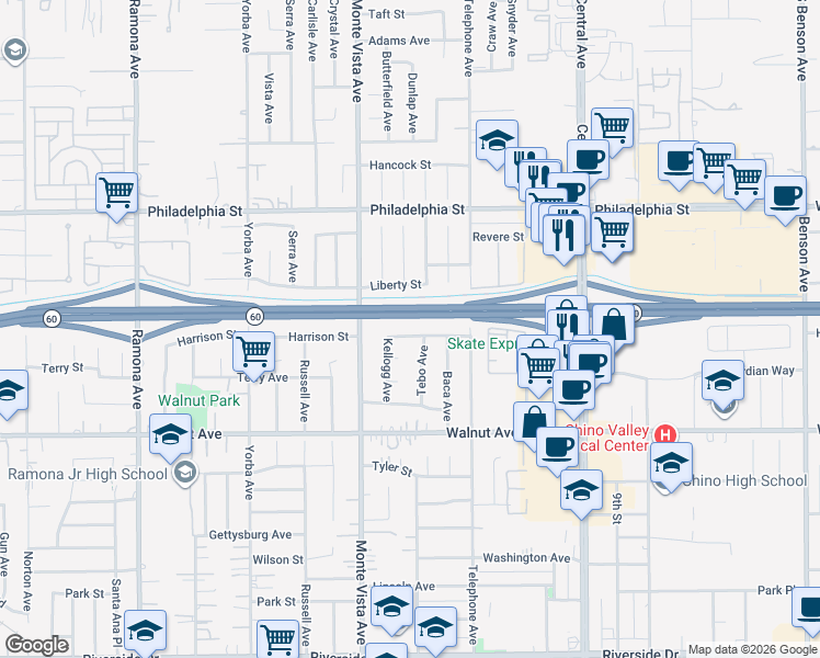 map of restaurants, bars, coffee shops, grocery stores, and more near 12340 Tebo Avenue in Chino