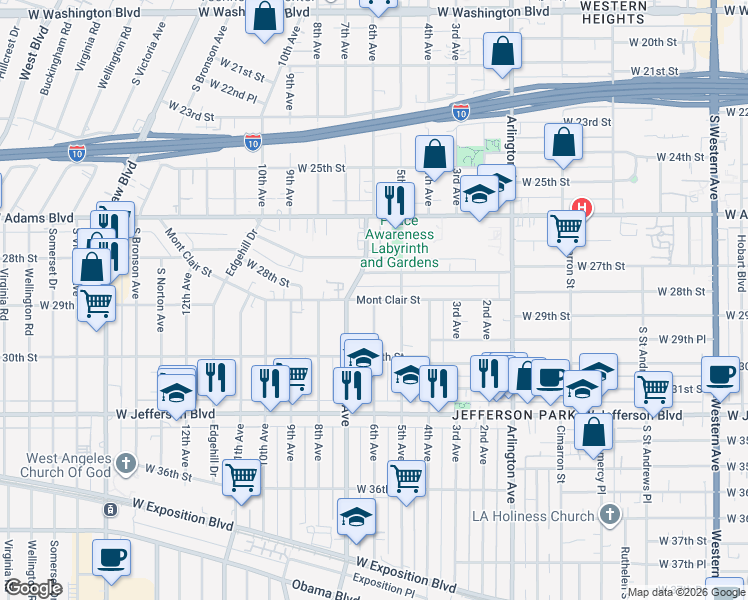 map of restaurants, bars, coffee shops, grocery stores, and more near 3422 6th Avenue in Los Angeles