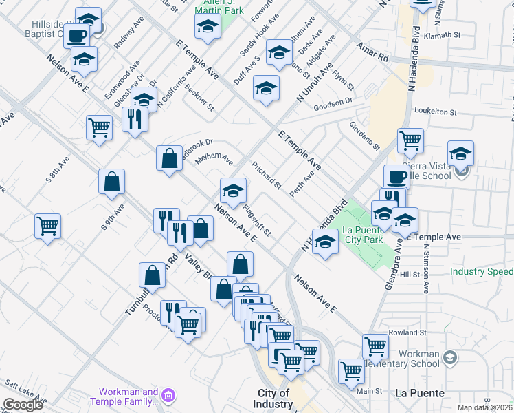 map of restaurants, bars, coffee shops, grocery stores, and more near 346 North Nantes Avenue in La Puente