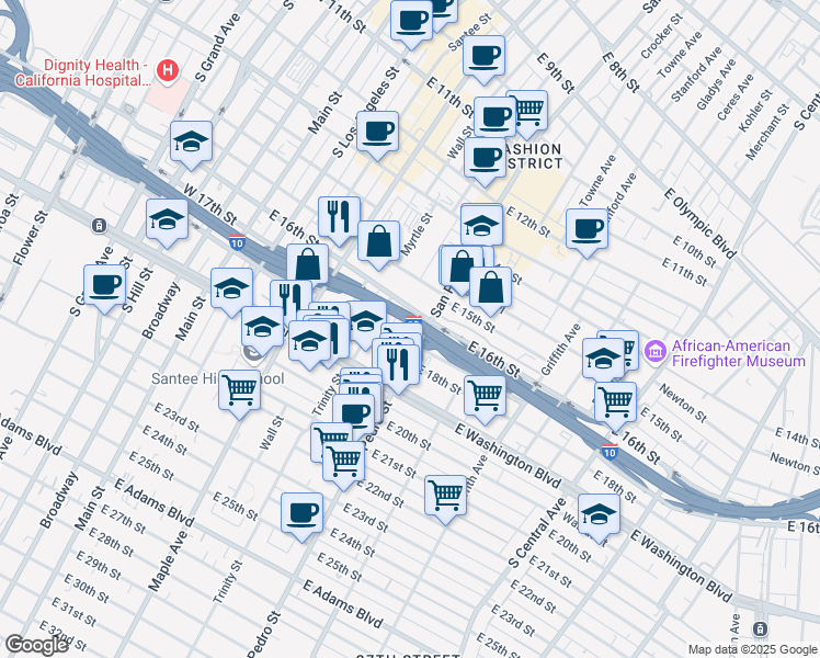 map of restaurants, bars, coffee shops, grocery stores, and more near 1629 San Pedro Street in Los Angeles