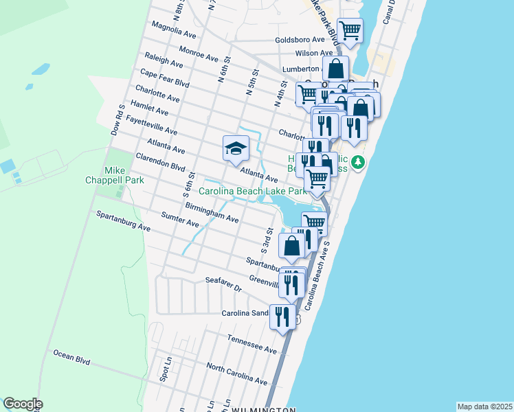 map of restaurants, bars, coffee shops, grocery stores, and more near 314 Columbia Avenue in Carolina Beach