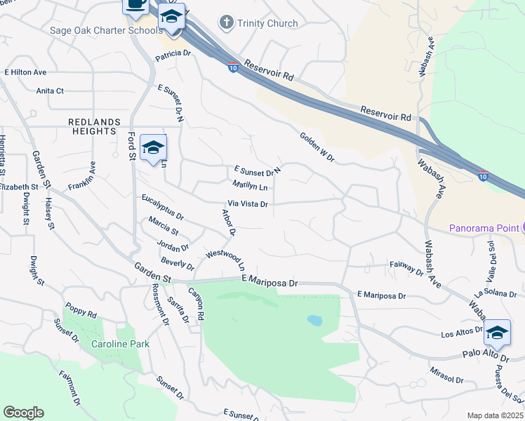 map of restaurants, bars, coffee shops, grocery stores, and more near 527 Camino Real in Redlands