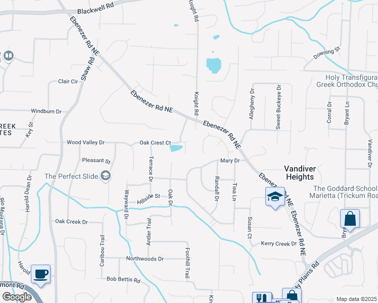 map of restaurants, bars, coffee shops, grocery stores, and more near 1681 Oak Crest Court in Marietta