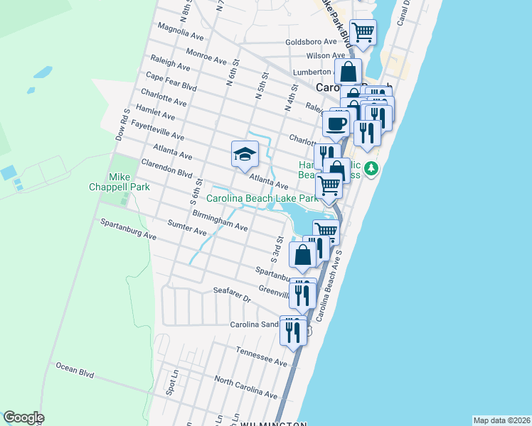 map of restaurants, bars, coffee shops, grocery stores, and more near 314 Birmingham Avenue in Carolina Beach