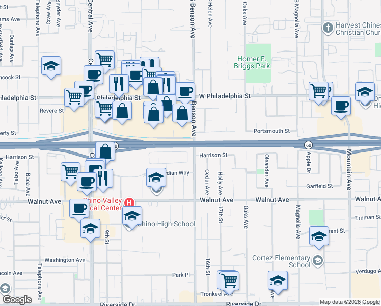 map of restaurants, bars, coffee shops, grocery stores, and more near 12319 Twin Gables Drive in Chino