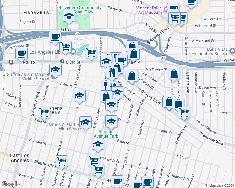 map of restaurants, bars, coffee shops, grocery stores, and more near 387 Amalia Avenue in East Los Angeles