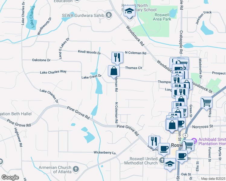 map of restaurants, bars, coffee shops, grocery stores, and more near 11700 North Coleman Road in Roswell