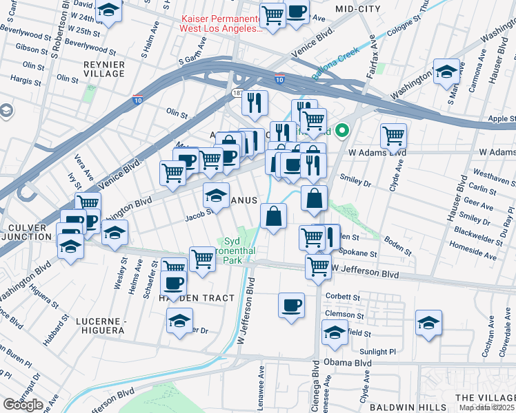 map of restaurants, bars, coffee shops, grocery stores, and more near 3017 Sentney Avenue in Culver City