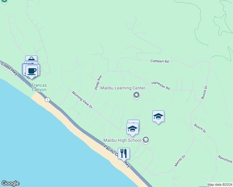map of restaurants, bars, coffee shops, grocery stores, and more near 5878 Deerhead Road in Malibu