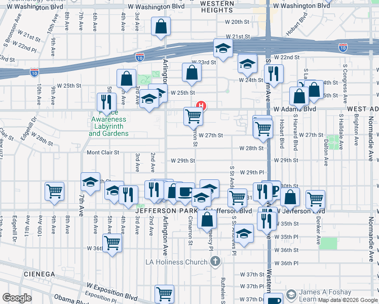 map of restaurants, bars, coffee shops, grocery stores, and more near 2226 West 28th Street in Los Angeles