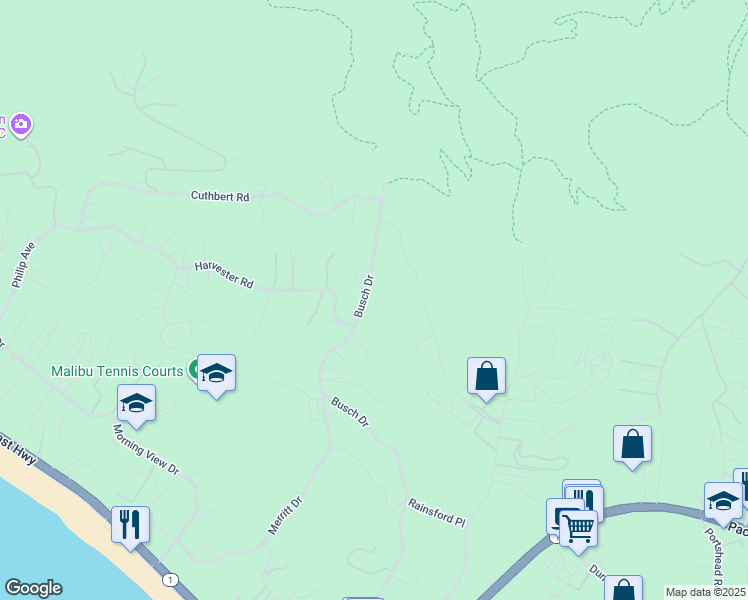 map of restaurants, bars, coffee shops, grocery stores, and more near 5738 Busch Drive in Malibu