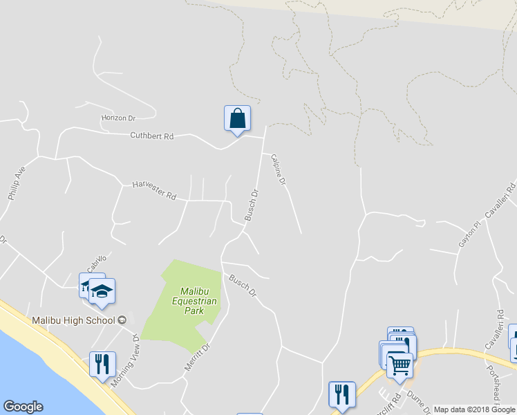 map of restaurants, bars, coffee shops, grocery stores, and more near 5738 Busch Drive in Malibu