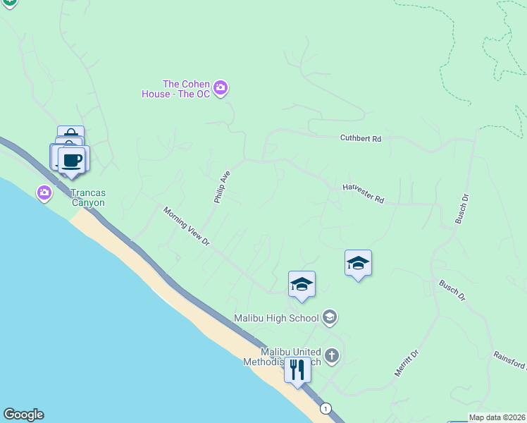 map of restaurants, bars, coffee shops, grocery stores, and more near 30431 Morning View Drive in Malibu