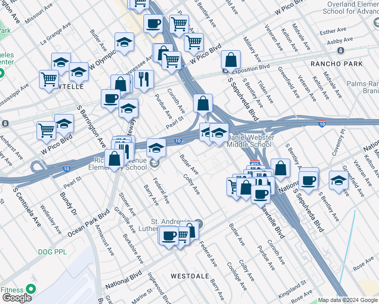 map of restaurants, bars, coffee shops, grocery stores, and more near 2621 Purdue Avenue in Los Angeles