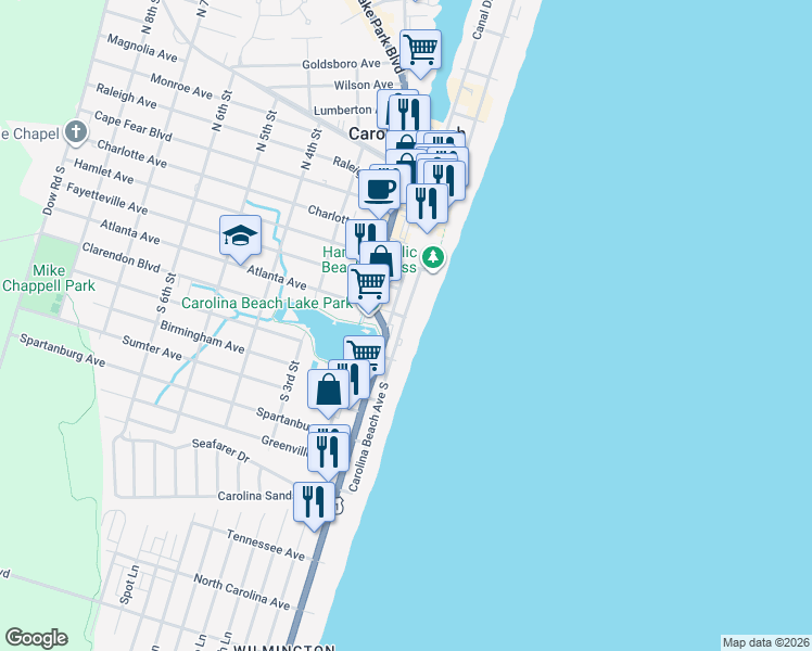 map of restaurants, bars, coffee shops, grocery stores, and more near 409 Carolina Beach Avenue South in Carolina Beach