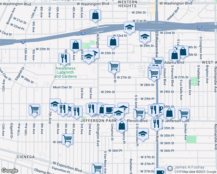 map of restaurants, bars, coffee shops, grocery stores, and more near 2222 West 29th Street in Los Angeles