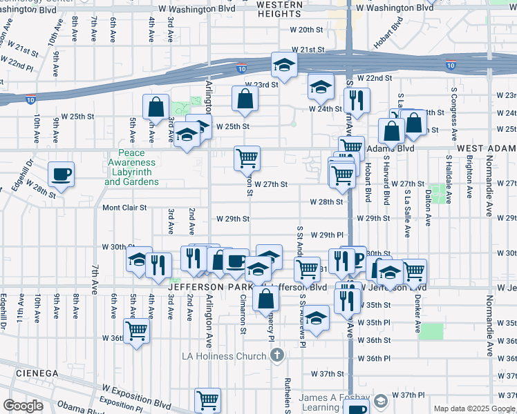 map of restaurants, bars, coffee shops, grocery stores, and more near 2190 West 28th Street in Los Angeles