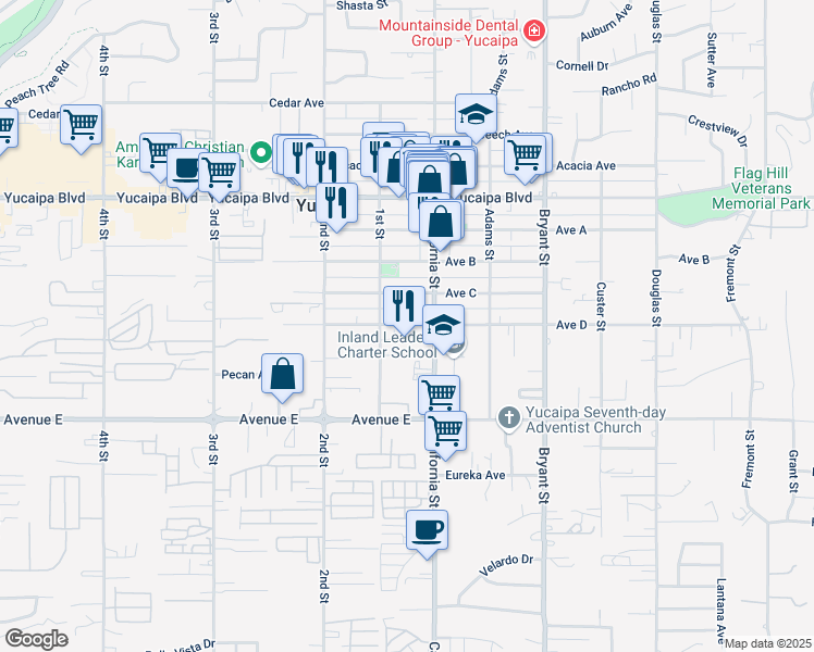 map of restaurants, bars, coffee shops, grocery stores, and more near 35023 Avenue D in Yucaipa