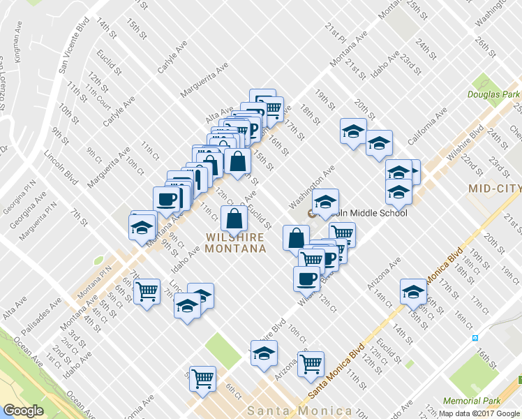 map of restaurants, bars, coffee shops, grocery stores, and more near 927 Euclid Street in Santa Monica