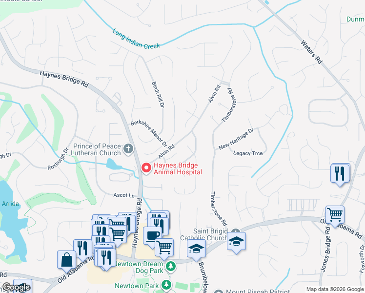 map of restaurants, bars, coffee shops, grocery stores, and more near 10260 Piney Ridge Walk in Alpharetta