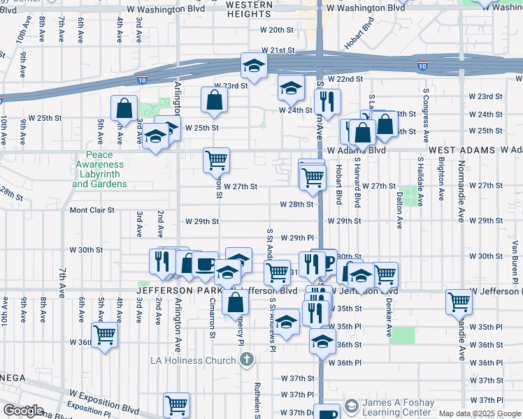 map of restaurants, bars, coffee shops, grocery stores, and more near 2114 West 28th Street in Los Angeles