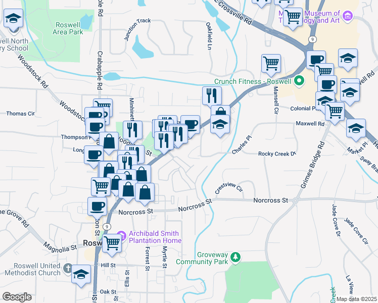 map of restaurants, bars, coffee shops, grocery stores, and more near 210 Opal Drive in Roswell