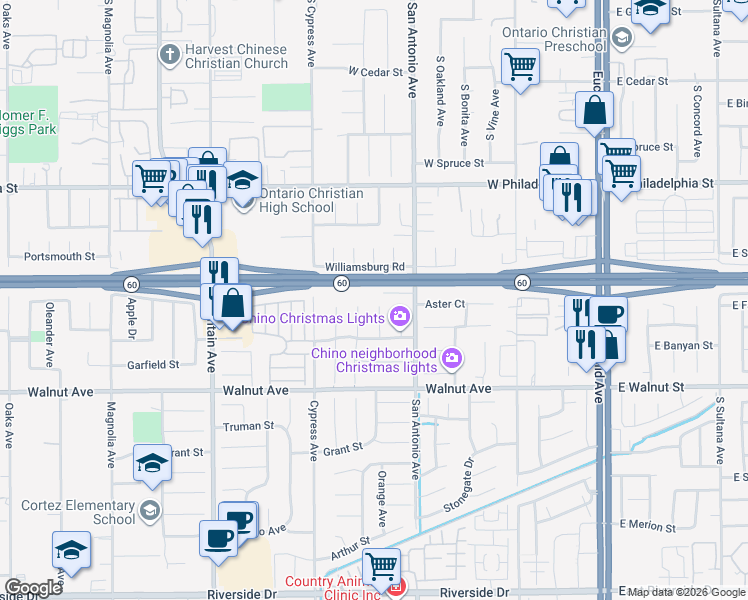 map of restaurants, bars, coffee shops, grocery stores, and more near 12367 Orange Avenue in Chino